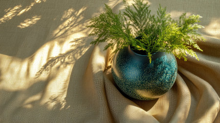 A serene still life composition featuring a decorative vase filled with greenery, casting soft shadows on a textured fabric surface, evoking peace and elegance.の素材