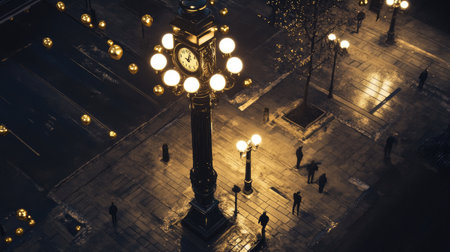 A captivating nighttime street scene featuring a vintage clock surrounded by glowing street lamps. The wet pavement reflects the warm light, creating an enchanting urban atmosphere.の素材