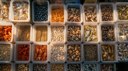 A vibrant array of spices and dried ingredients in clear containers, showcasing a rich diversity of colors and textures perfect for culinary enthusiasts.の素材