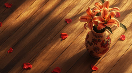 A stunning arrangement of vibrant orange lilies in a decorative vase, surrounded by soft rose petals on a warm wooden floor, creating a peaceful atmosphere.の素材
