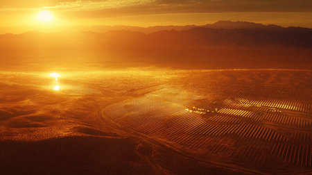 A breathtaking view of a golden sunset illuminating a desert landscape, showcasing vast fields and distant mountains under a serene sky.の素材