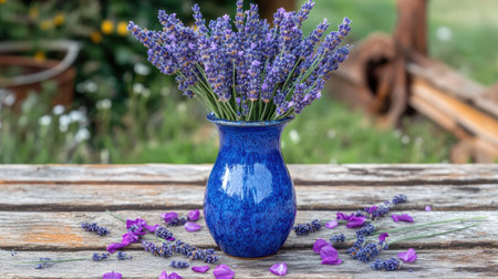 A stunning arrangement of lavender flowers in a blue vase, accented by scattered petals on a rustic wooden table. Perfect for showcasing nature's beauty.の素材