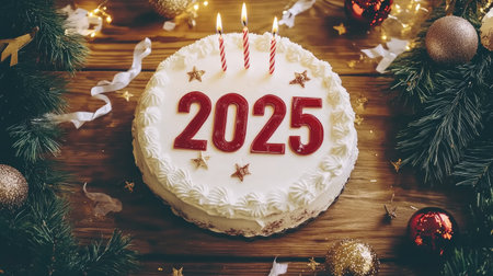 A white birthday cake adorned with the number 2025, colorful candles, and golden decorations, perfect for celebrating a new year with joy and festivity.の素材