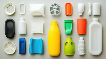A vibrant collection of colorful plastic bottles and containers arranged on a gray surface, showcasing various shapes and designs for a modern aesthetic.の素材