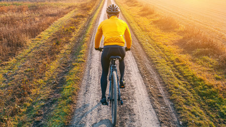 A cyclist enjoys a vibrant sunset ride along a scenic dirt path. The warm light enhances the landscape, creating a serene outdoor atmosphere for adventure.の素材