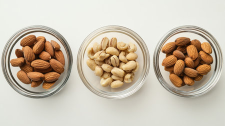 A collection of assorted nuts displayed in glass bowls on a clean white surface. Perfect for showcasing healthy snacking options and culinary uses.の素材