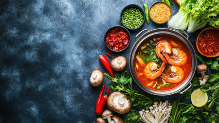 A vibrant seafood dish featuring shrimp, fresh vegetables, and spices, set against a dark background. Perfect for culinary presentations and meal inspiration.の素材