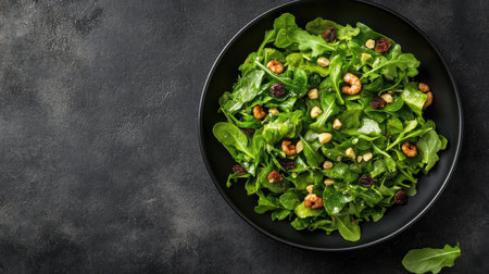 A vibrant and fresh green salad featuring arugula, nuts, and berries, perfect for a healthy meal. Ideal for nutrition and culinary purposes.の素材