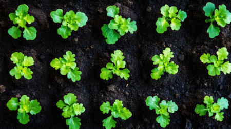 A vibrant array of fresh green seedlings thriving in dark soil, showcasing the beauty of nature and agricultural growth. Perfect for organic gardening themes.の素材