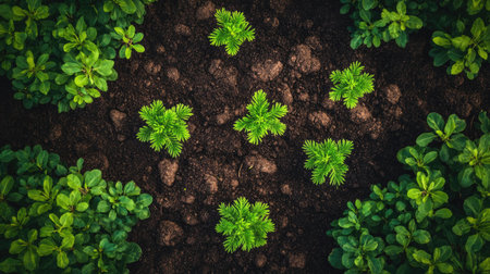 Aerial view of vibrant green sprouts emerging from rich dark soil, illustrating the beauty of growth and renewal in a natural garden setting.の素材