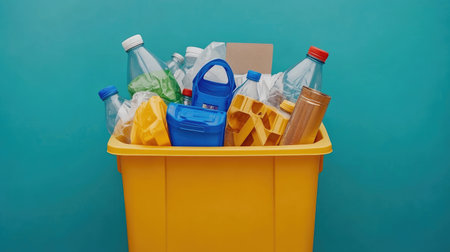 A vibrant yellow trash can filled with various recyclable items. The image promotes awareness of recycling and proper waste disposal methods for a cleaner environment.の素材