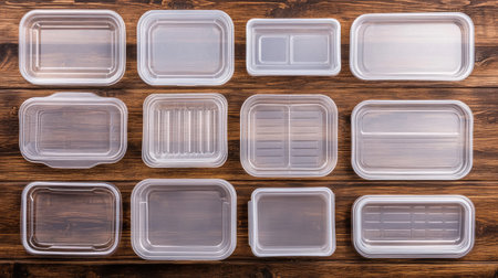 A collection of clear plastic food storage containers arranged on a wooden surface. Ideal for organizing meals, leftovers, and kitchen supplies efficiently.の素材