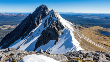 A stunning view of a snow-capped mountain peak, showcasing the beauty of nature. Perfect for travel, adventure, and landscape photography enthusiasts.の素材