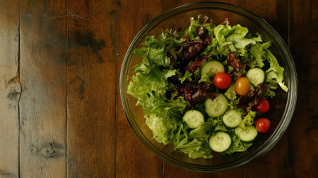 A vibrant bowl of fresh salad featuring greens, cucumbers, and colorful tomatoes, perfect for healthy meals or recipe inspiration. Ideal for food photography.の素材