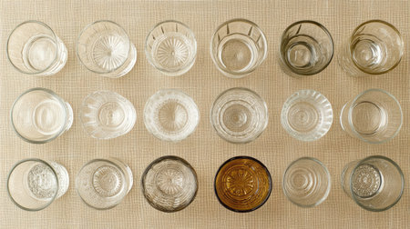 A stunning arrangement of assorted glassware on a textured background, highlighting various shapes and designs that evoke elegance and simplicity.の素材