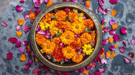 A stunning display of vibrant marigold flowers in a decorative bowl surrounded by colorful petals, perfect for enhancing festive decor and celebrations.の素材