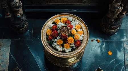 A vibrant arrangement of colorful flowers in a decorative bowl showcases traditional artistry. Ideal for projects related to culture, spirituality, or decoration.の素材