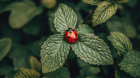 A close-up shot of a vibrant red ladybug resting on a green leaf. This image captures the beauty of nature, showcasing intricate details and colors.の素材