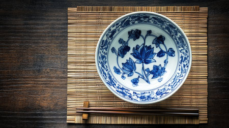 A beautifully designed blue and white ceramic bowl rests on a bamboo mat with chopsticks, ideal for showcasing Asian dining elements and aesthetics.の素材