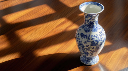 A stunning blue and white vase displayed elegantly on a wooden surface, casting soft shadows in the warm sunlight. Ideal for home decor inspiration.の素材