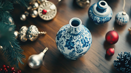 An elegant blue and white decorated vase surrounded by festive ornaments and a vintage clock, creating a warm and sophisticated holiday atmosphere.の素材