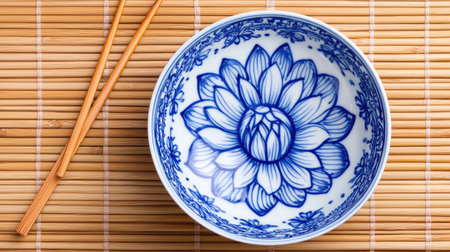 A beautiful blue floral bowl sits on a bamboo mat, perfect for stylish dining settings. This elegant dish showcases intricate design and vibrant color.の素材
