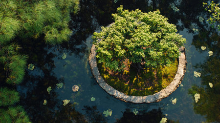 A tranquil scene showcasing a solitary tree on a circular stone island surrounded by calm water, evoking peace and natural beauty in a serene environment.の素材