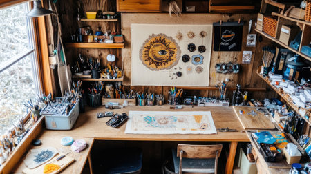 A cozy artistic workshop filled with tools and supplies, showcasing creativity and inspiration in a well-organized space bathed in natural light.の素材