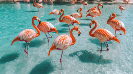 A stunning scene featuring vibrant flamingos wading gracefully in clear turquoise water. This image captures the essence of tropical beauty and wildlife serenity.の素材