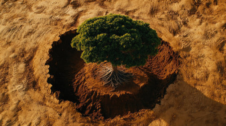 This striking image showcases a solitary tree surrounded by earth, emphasizing the beauty of nature and resilience in a unique landscape. Perfect for nature themes.の素材