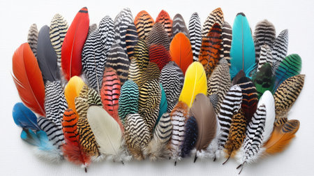 A vibrant array of bird feathers showcasing various colors and patterns. Perfect for nature-themed projects or as decorative elements in design.の素材