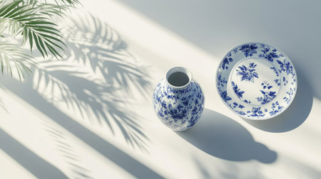 A beautiful blue and white ceramic vase and plate cast elegant shadows on a simple surface, reflecting modern minimalism and artistic design.の素材