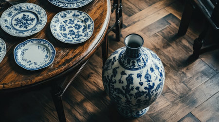 A captivating arrangement of blue and white porcelain plates and a vase on a wooden table, showcasing cultural elegance and intricate design details.の素材