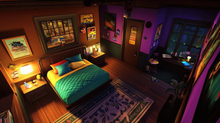 A cozy, colorful bedroom featuring a comfortable bed, vibrant decor, and inviting lighting. Perfect for those seeking a warm and stylish living space.の素材