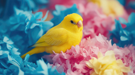 A bright yellow bird rests among vibrant blue and pink flowers, creating a cheerful and serene atmosphere. Perfect for nature and pet themes.の素材