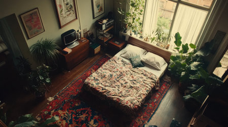 This cozy bedroom features lush plants, vintage decor, and warm natural light. The inviting atmosphere is perfect for relaxation and comfort.の素材