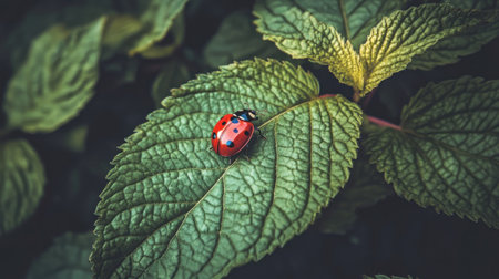 A vibrant ladybug rests on a textured green leaf, showcasing its colorful body against a natural backdrop. Perfect for nature and wildlife themes.の素材