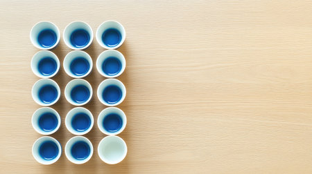 A minimalist arrangement of small white bowls filled with blue liquid on a wooden table. The composition emphasizes symmetry and modern design, perfect for food and beverage themes.の素材