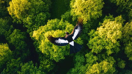 A stunning aerial view of a bird in full flight above a vibrant forest canopy, showcasing the beauty of nature and wildlife in a serene setting.の素材