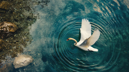 A serene swan glides gracefully across the clear water, creating gentle ripples. The tranquil scene captures the beauty of nature and wildlife harmony.の素材