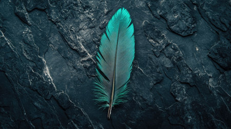 A striking turquoise feather rests gently on a textured dark stone background, offering an artistic representation of nature's beauty and elegance.の素材