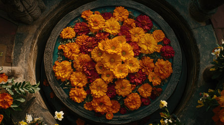 A beautiful arrangement of vibrant orange, yellow, and red flowers in a stone bowl, showcasing nature's artistry in an outdoor setting. Perfect for decoration.の素材
