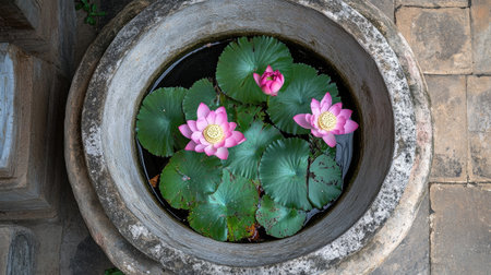 A serene view of pink lotus flowers blooming in a stone water pot, surrounded by vibrant green leaves. Perfect for nature and tranquility themes.の素材
