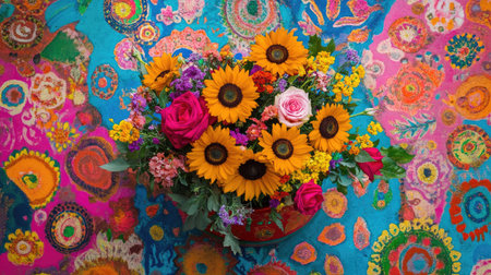 A stunning arrangement of sunflowers and roses rests on a vibrant backdrop, showcasing the beauty of nature's colors and artistry in floral design.の素材