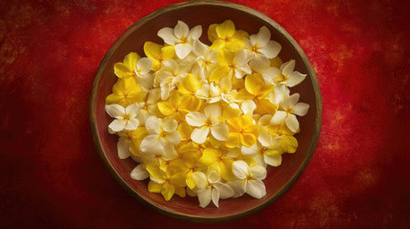 A vibrant display of bright yellow and white flower petals arranged in a small bowl against a colorful background, showcasing natural beauty and simplicity.の素材