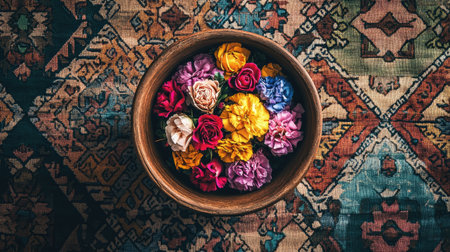 A beautiful arrangement of vibrant flowers in a wooden bowl rests atop a vintage patterned fabric, showcasing nature's artistry and color harmony.の素材