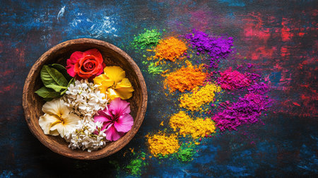 A stunning bowl of fresh flowers surrounded by vibrant powdered pigments, perfect for showcasing color, beauty, and cultural celebrations.の素材