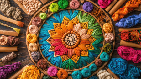 This image showcases vibrant embroidery art featuring colorful threads and yarn arranged in a circular pattern, highlighting creativity and craftsmanship.の素材