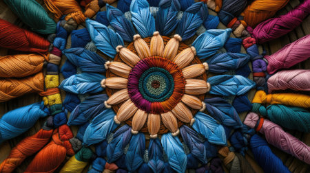 Vibrant and colorful arrangement of threads in a floral design, showcasing creativity and craftsmanship. Perfect for textile art and design inspiration.の素材