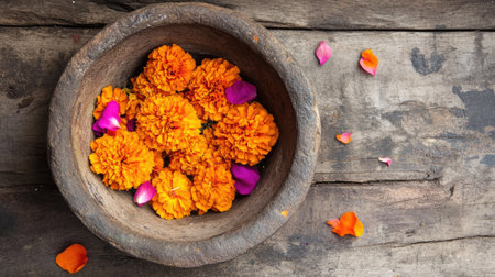 A charming rustic wooden bowl filled with vibrant marigold flowers, showcasing their bright orange hues. Perfect for a natural decoration or celebration.の素材